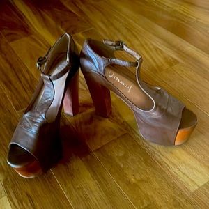 Jeffery Campbell Brown Leather Foxy-Wood Platform Shoes  Sz 6.5